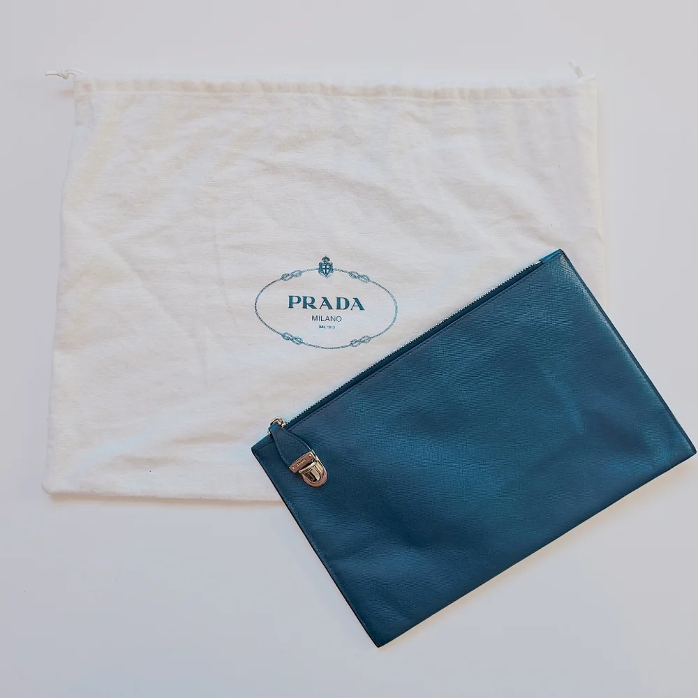 PRADA Saffiano Leather Blue Zipper Clutch Pouch Bag With Silver Hardware. - Picture 1 of 14
